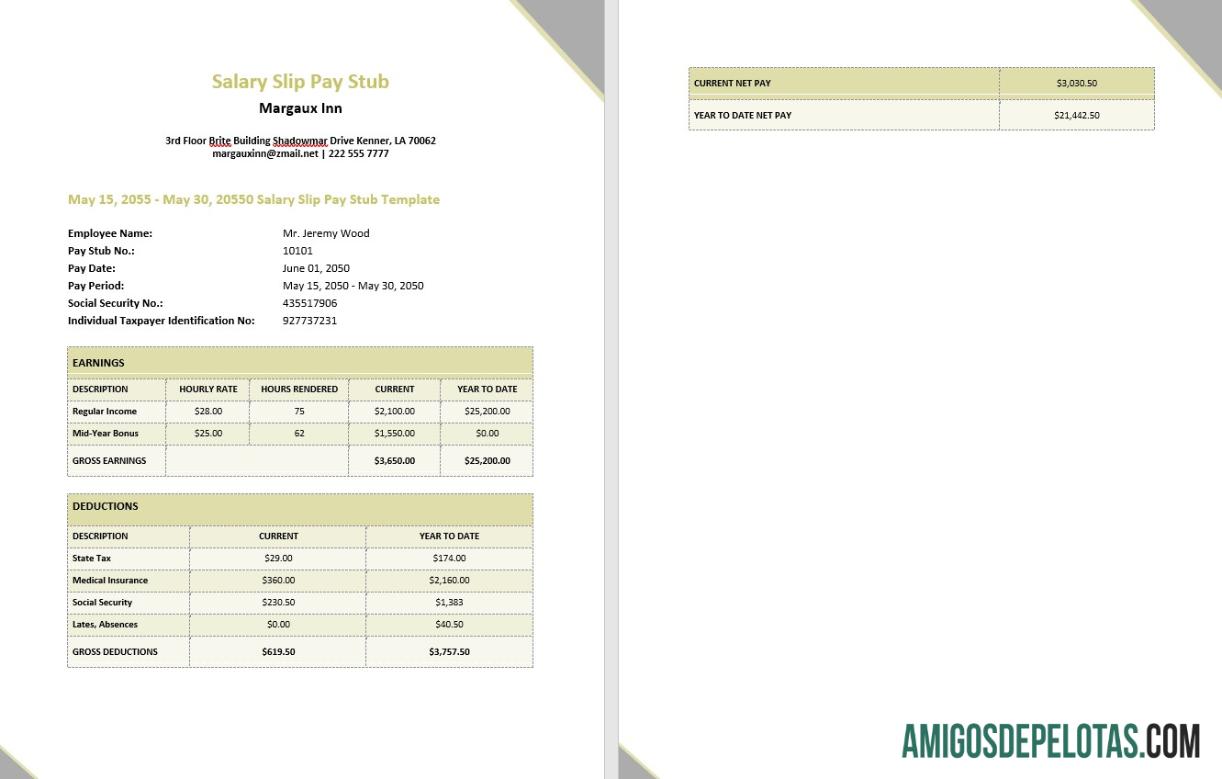 Recibo de pagamento do comprovante de salário do Margaux Inn em formatos PDF e Word baixar para verificação